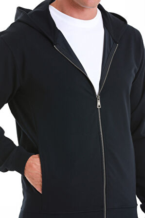 Lacivert Regular Fit Düz Pamuklu Fermuarlı Sweatshirt | M