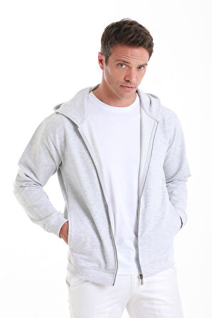 Gri Regular Fit Düz Pamuklu Fermuarlı Sweatshirt | M