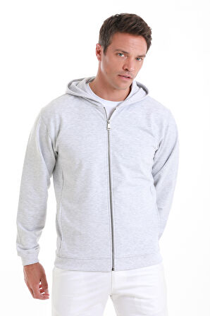Gri Regular Fit Düz Pamuklu Fermuarlı Sweatshirt | M