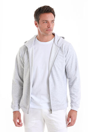 Gri Regular Fit Düz Pamuklu Fermuarlı Sweatshirt | M