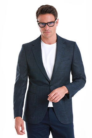 Lacivert Slim Fit Desenli Mono Yaka Klasik Ceket | 50