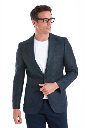 Lacivert Slim Fit Desenli Mono Yaka Klasik Ceket | 50