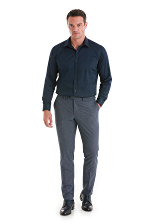 Lacivert Slim Fit Düz 100% Pamuk Slim Yaka Uzun Kollu Saten Gömlek | M
