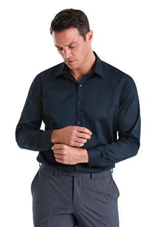 Lacivert Slim Fit Düz 100% Pamuk Slim Yaka Uzun Kollu Saten Gömlek | M