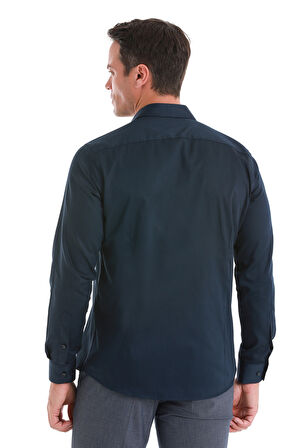 Lacivert Slim Fit Düz 100% Pamuk Slim Yaka Uzun Kollu Saten Gömlek | M