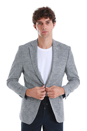 Lacivert Comfort Fit Desenli Mono Yaka Klasik Ceket | 48