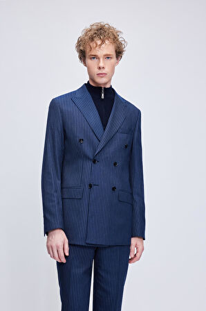 Lacivert Slim Fit Çizgili Kruvaze Takım Elbise | 48