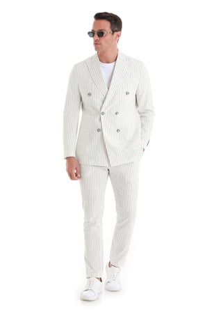 Beyaz  Slim Fit  Çizgili Kruvaze Keten Takım Elbise | 56