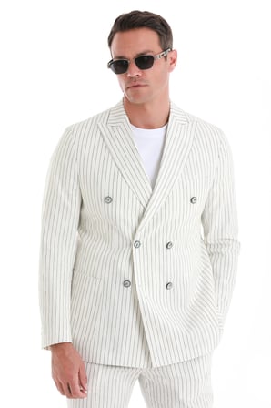 Beyaz  Slim Fit  Çizgili Kruvaze Keten Takım Elbise | 56