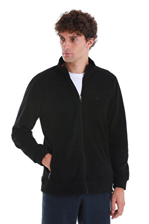 Siyah Regular Fit Tam Fermuarlı Polar Sweatshirt | XL