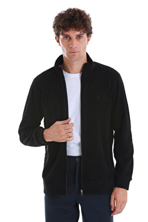 Siyah Regular Fit Tam Fermuarlı Polar Sweatshirt | XL