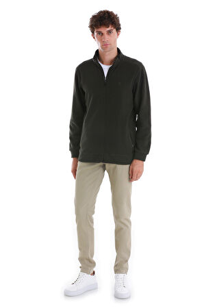 Haki Regular Fit Tam Fermuarlı Polar Sweatshirt | M