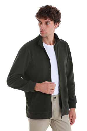 Haki Regular Fit Tam Fermuarlı Polar Sweatshirt | M