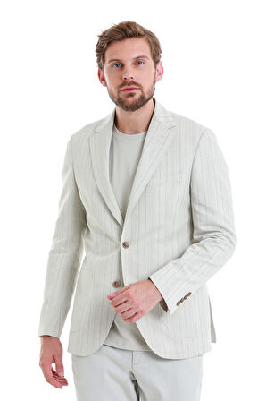 Bej Slim Fit Çizgili Mono Yaka Casual Keten Ceket | 50