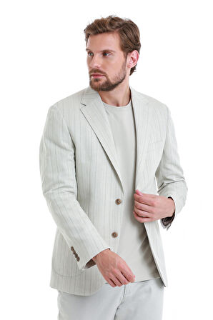 Bej Slim Fit Çizgili Mono Yaka Casual Keten Ceket | 50