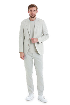 Bej Slim Fit Çizgili Mono Yaka Casual Keten Ceket | 52