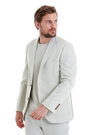 Bej Slim Fit Çizgili Mono Yaka Casual Keten Ceket | 52