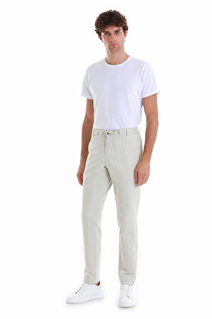 Bej Regular Fit Çizgili Yandan Cepli Keten Pantolon | 44