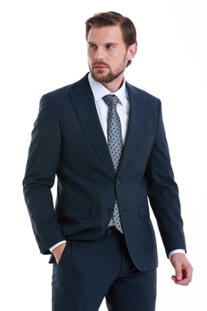 Lacivert Slim Fit Çizgili Sivri Yaka Klasik Takım Elbise | 46