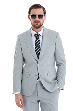 Gri Slim Fit Çizgili Sivri Yaka Klasik Takım Elbise | 46