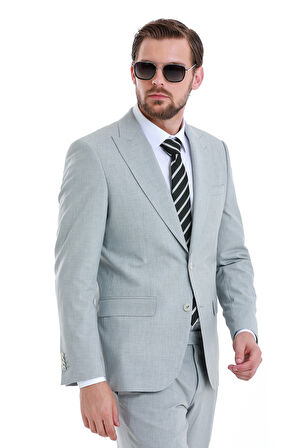 Gri Slim Fit Çizgili Sivri Yaka Klasik Takım Elbise | 46