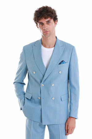 Mavi Slim Fit Çizgili Kruvaze Takım Elbise | 52