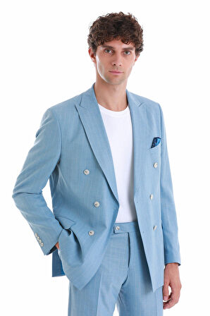 Mavi Slim Fit Çizgili Kruvaze Takım Elbise | 52