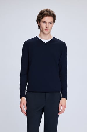Lacivert Regular Fit V Yaka Rayon Kazak | M