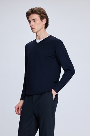 Lacivert Regular Fit V Yaka Rayon Kazak | M