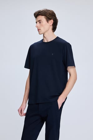 Lacivert Regular Fit Bisiklet Yaka Pamuklu Triko Tişört | XXL