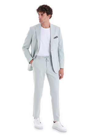 Mavi Slim Fit Düz Mono Yaka Keten Takım Elbise | 52