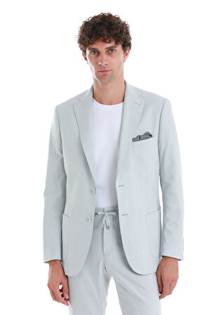 Mavi Slim Fit Düz Mono Yaka Keten Takım Elbise | 52