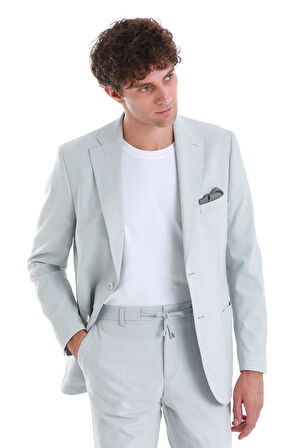 Mavi Slim Fit Düz Mono Yaka Keten Takım Elbise | 52