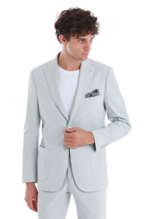 Mavi Slim Fit Düz Mono Yaka Keten Takım Elbise | 52