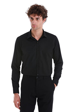 Siyah Slim Fit Düz Slim Yaka Pamuklu Uzun Kollu Spor Gömlek | S