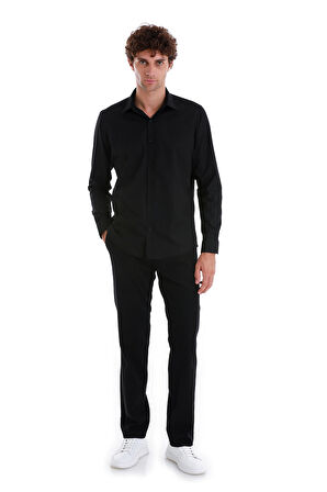 Siyah Slim Fit Düz Slim Yaka Pamuklu Uzun Kollu Spor Gömlek | S