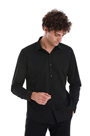 Siyah Slim Fit Düz Slim Yaka Pamuklu Uzun Kollu Spor Gömlek | S