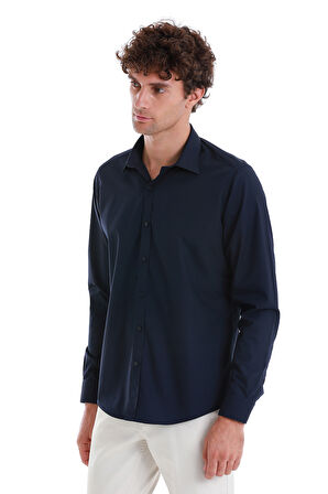Lacivert Slim Fit Düz Slim Yaka Pamuklu Uzun Kollu Spor Gömlek | M