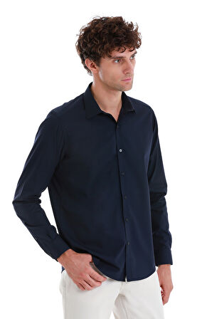 Lacivert Slim Fit Düz Slim Yaka Pamuklu Uzun Kollu Spor Gömlek | M