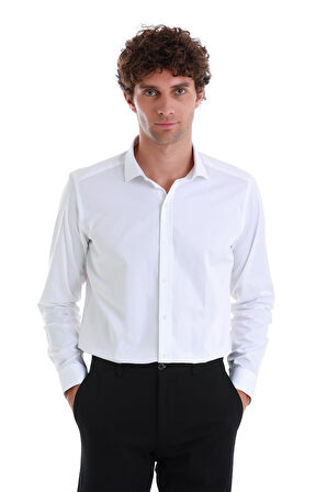 Beyaz Slim Fit Düz 100% Pamuk Açık İtalyan Yaka Uzun Kollu Saten Gömlek | XS