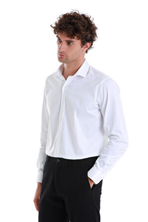 Beyaz Slim Fit Düz 100% Pamuk Açık İtalyan Yaka Uzun Kollu Saten Gömlek | XS