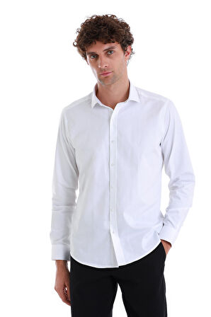 Beyaz Slim Fit Düz 100% Pamuk Açık İtalyan Yaka Uzun Kollu Saten Gömlek | XS