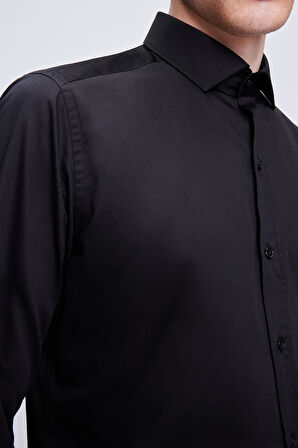 Siyah Slim Fit 100% Pamuk Açık İtalyan Yaka Uzun Kollu Saten Gömlek | L