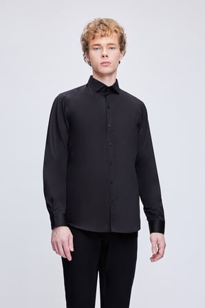 Siyah Slim Fit 100% Pamuk Açık İtalyan Yaka Uzun Kollu Saten Gömlek | XXL