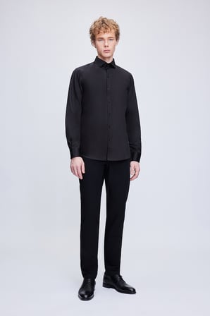 Siyah Slim Fit 100% Pamuk Açık İtalyan Yaka Uzun Kollu Saten Gömlek | XXL