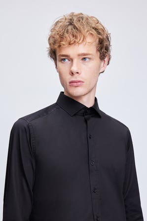 Siyah Slim Fit 100% Pamuk Açık İtalyan Yaka Uzun Kollu Saten Gömlek | XXL