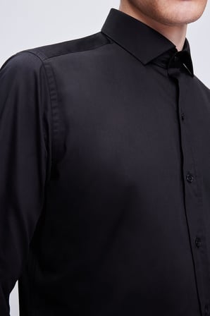 Siyah Slim Fit 100% Pamuk Açık İtalyan Yaka Uzun Kollu Saten Gömlek | XXL
