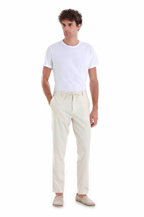 Bej Dinamik Fit Desenli Yandan Cepli Keten Jogger Pantolon | 32