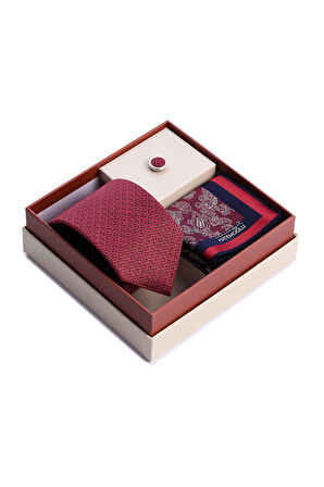 Bordo Kravat Mendil ve Yaka Rozeti 3'lü Set | STD