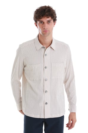 Bej Klasik Fit Çizgili Uzun Kollu Overshirt Gömlek Ceket | L